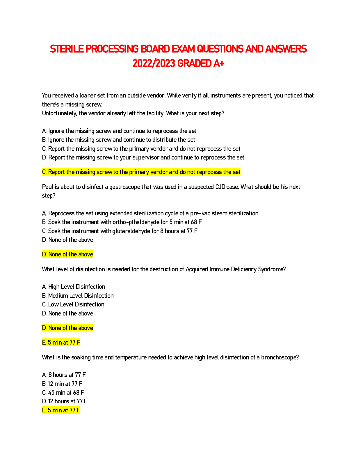 Preview of STERILE PROCESSING BOARD EXAM QUESTIONS AND ANSWERS 2022/2023 GRADED A+